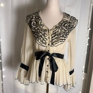 Vintage-Inspired Newport News Sheer Peplum Blouse with Embroidered Ruffle Collar